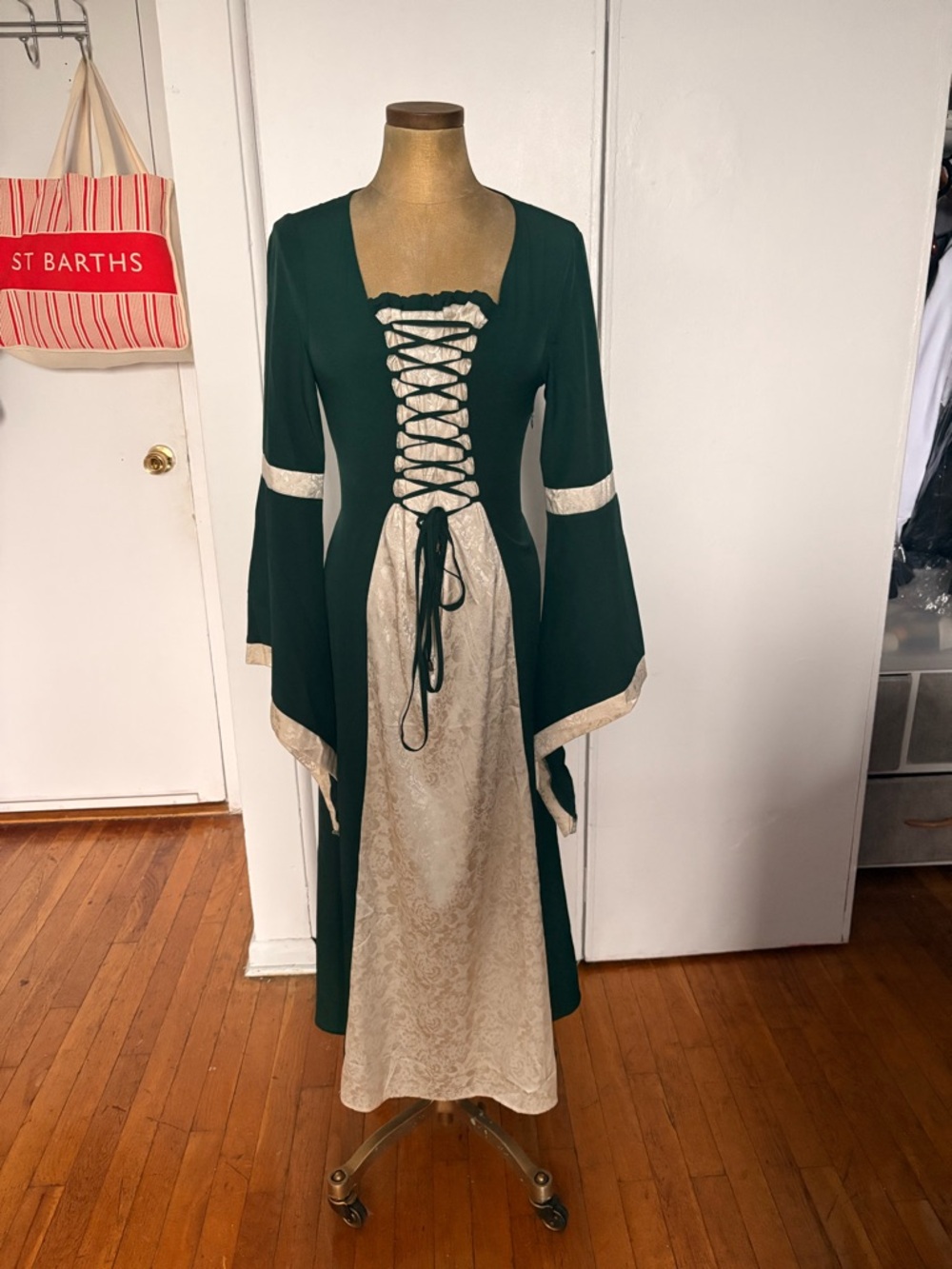 Green and Cream Lace-Up Medieval Style Women's Dress